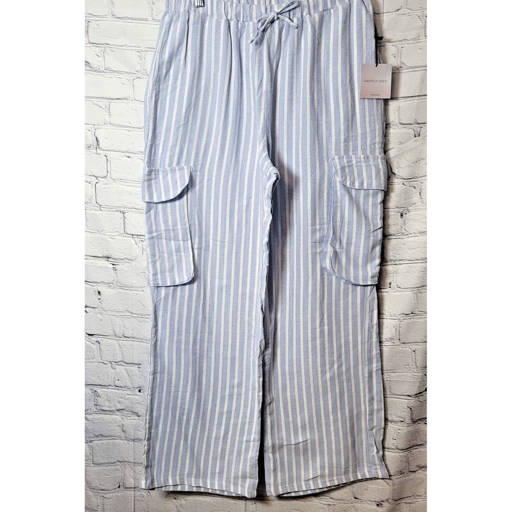Happily Grey Pajama Pants Womens Small Blue Striped Cargo Wide Leg Cotton Lounge